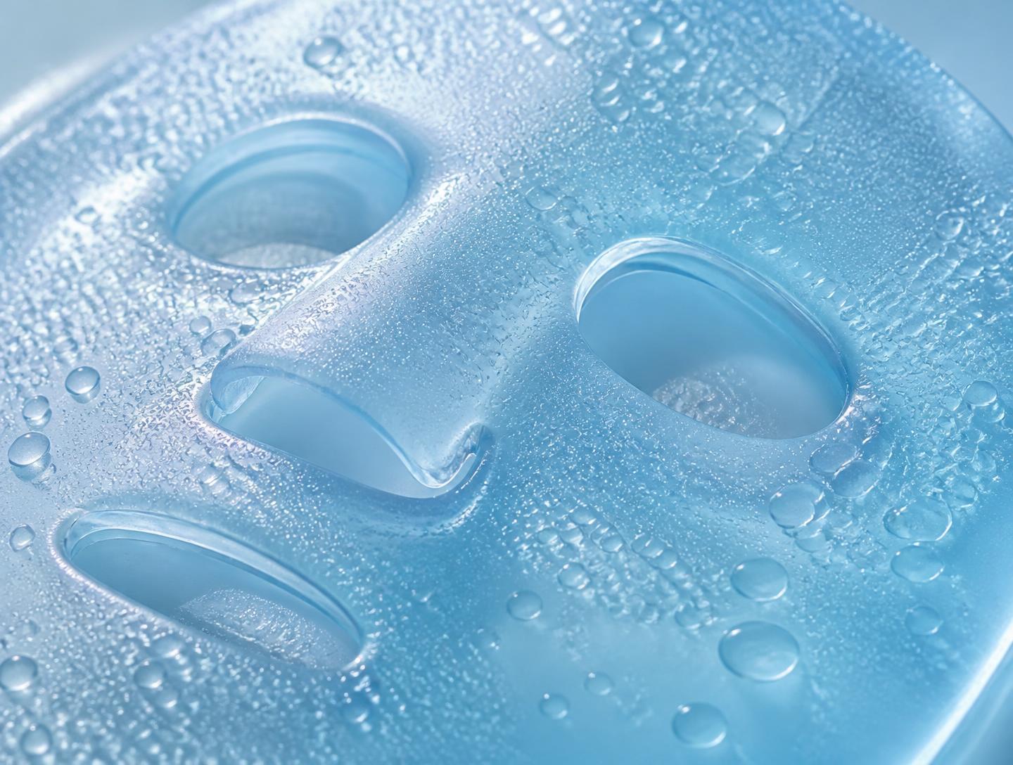 Close-up of the Freeze & Glow mask with delicate cooling droplets