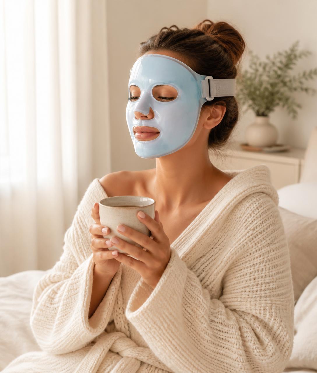 A quiet morning ritual — wearing Freeze & Glow with a warm cup of tea