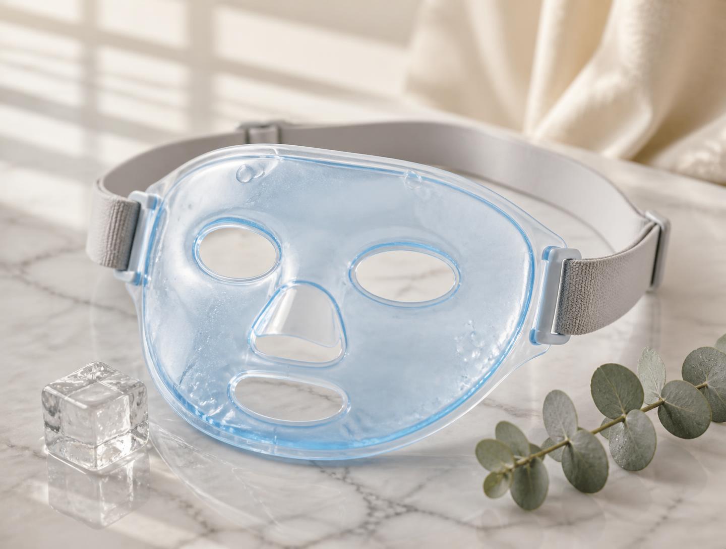 The Freeze & Glow cooling gel mask resting on marble with ice and eucalyptus