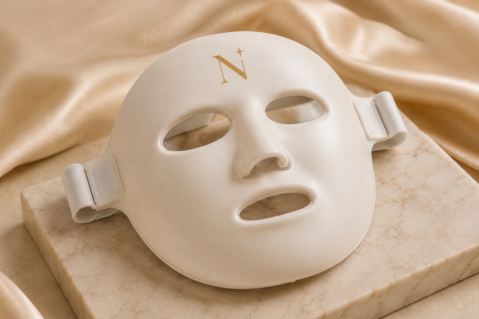 NOVINORA Freeze & Glow cryo mask with gold monogram and adjustable strap